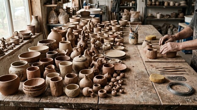 potter working with clay in a rustic workshop