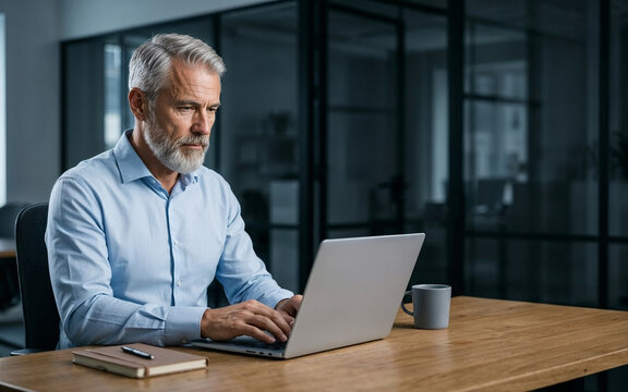 Mature businessman typing on laptop in dark office