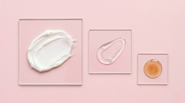 Cosmetic product textures featuring white cream, transparent gel, and golden oil on glass squares against a pink background.