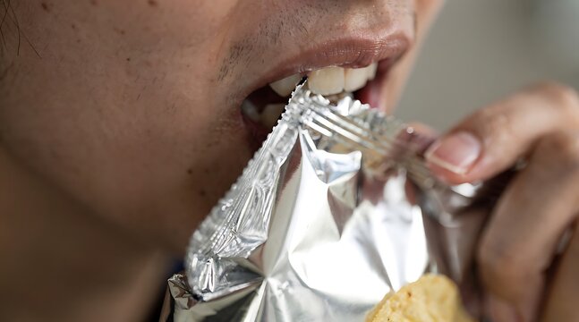 Close-up of a person eating from a metallic snack bag.