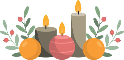 Cozy Christmas Advent Candle Arrangement Vector with Winter Holiday Berries, Oranges, and Botanical Leaves for Festive Season Greetings and Celebrations © Sarifa