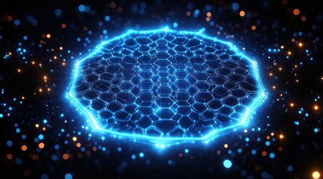 glowing blue octagonal digital honeycomb grid with floating particles and bokeh lights, futuristic and energetic