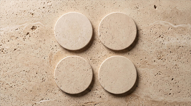 Minimalist Travertine Stone Coasters Mockup Top View Natural Beige Limestone Textured Background Round Stone Tiles Product Display Presentation Template Square Composition Professional Photography Set