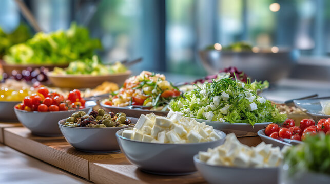 Fresh self-service salad bar with vegetables, cheese, olives and healthy ingredients. Buffet selection for restaurant, catering, hotel breakfast or healthy dining concept.