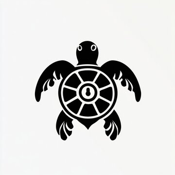 stylized black turtle with segmented circular shell featuring a central keyhole, minimalist emblem conveying calm mystery and protection