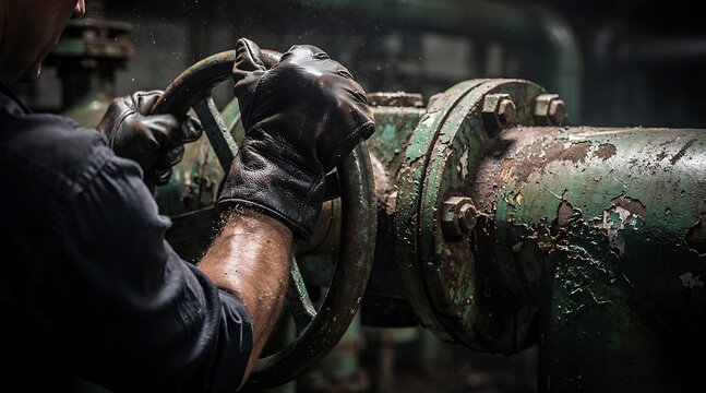 Industrial worker turning a large metal valve in a dark factory.
