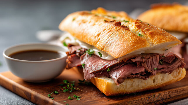 Gourmet roast beef sandwich on fresh ciabatta served with rich au jus dipping sauce. Premium deli lunch featuring tender sliced beef and melted cheese on artisan bread.