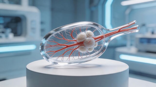 Futuristic 3D visualization of bio-engineered artificial organ cultivation in high-tech laboratory setting