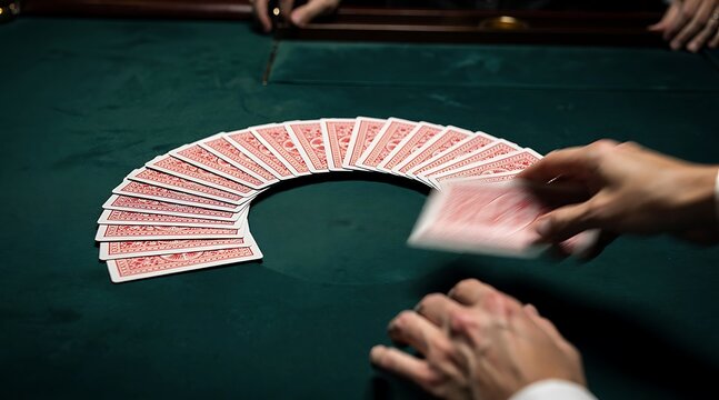 Professional dealer spreading a deck of playing cards on a green gaming table.