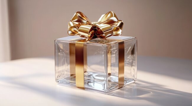 Transparent glass gift box wrapped with gold ribbon and large gold bow on a table bathed in warm soft light, elegant celebratory mood