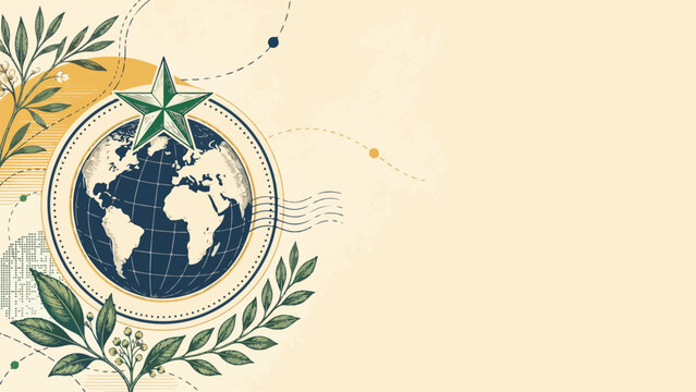 Globe with green star and olive branches in vintage style. Esperanto Day and global peace concept. Retro vector illustration