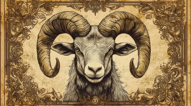 Majestic stoic ram head with large curved horns framed by ornate floral filigree on aged parchment background