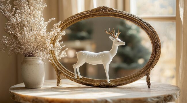 White ceramic deer figurine standing before an ornate oval gold mirror on a round table with a vase of dried flowers, bathed in warm cozy light
