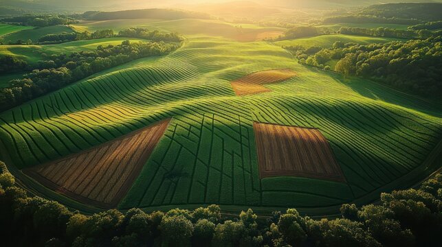 sunlit rolling green patchwork fields and crop rows on undulating hills with tree-lined ridges and long shadows, tranquil pastoral landscape at golden hour
