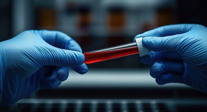 blue-gloved hands carefully holding a capped test tube with red blood sample above a laptop keyboard in a blurred laboratory setting, conveying clinical precision and focus
