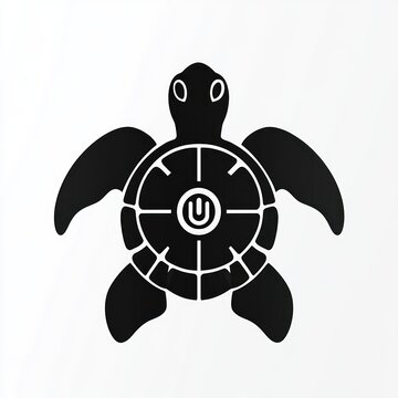 stylized black sea turtle silhouette with geometric shell pattern on white background, calm minimalist feel