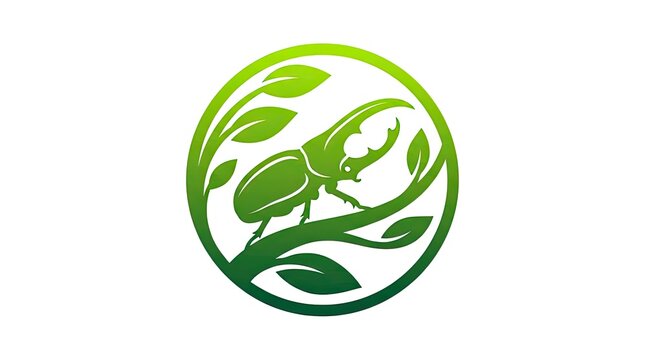 Green beetle insect logo within circular leaf frame.
