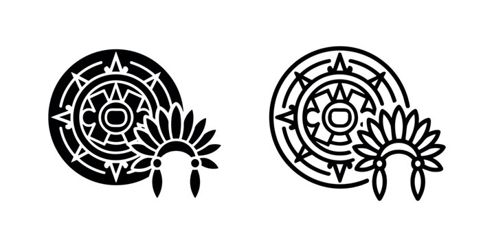 Aztec sun stone calendar and headdress icons