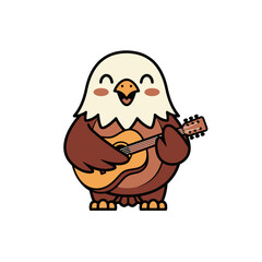 Fototapeta premium Cute cartoon bald eagle playing a small acoustic guitar with a happy expression.