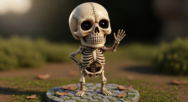 Cute cartoon skeleton character standing on a small round stone platform isolated on white background