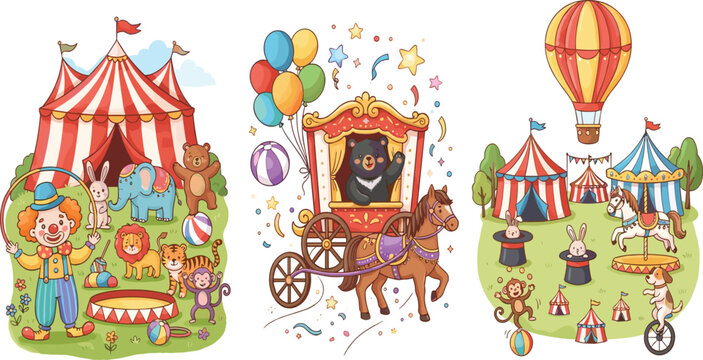Whimsical Circus Vector Graphic Set with Cute Cartoon Animals Red Big Top Tents Hot Air Balloon and Clown Character for Kids Party Designs