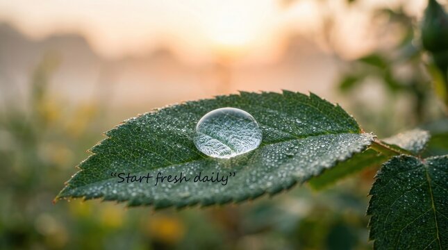 A single dewdrop rests on a green leaf in morning sunlight