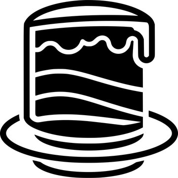 Black and white cake slice icon with dripping frosting. Minimalist dessert vector illustration for branding and design.