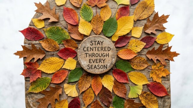 Autumn leaves radiating from a centered wood disc with inspiring quote