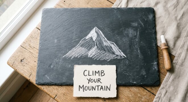 Chalk drawing of a mountain with inspirational text on slate