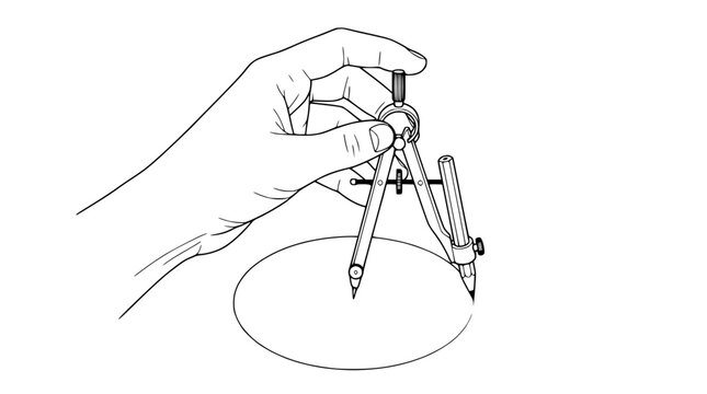 Hand holding a geometry compass tool to draw a perfect circle outline