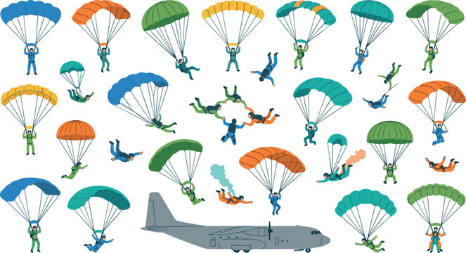 Skydiver and parachute vector illustration bundle featuring skydivers in free fall formation jumping from military cargo airplane isolated on white background