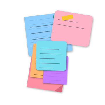 Stacked colorful sticky notes with handwritten lines isolated on a black background