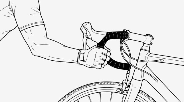 Close up of a cyclist hand gripping road bike handlebars line art illustration