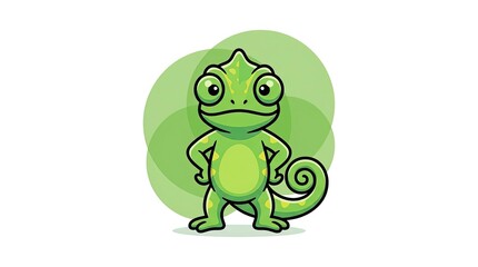 Fototapeta premium Green cartoon chameleon mascot on white background