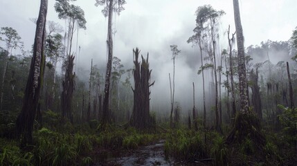 Fototapeta premium Misty tropical rainforest landscape with tall trees and dense foliage during a downpour