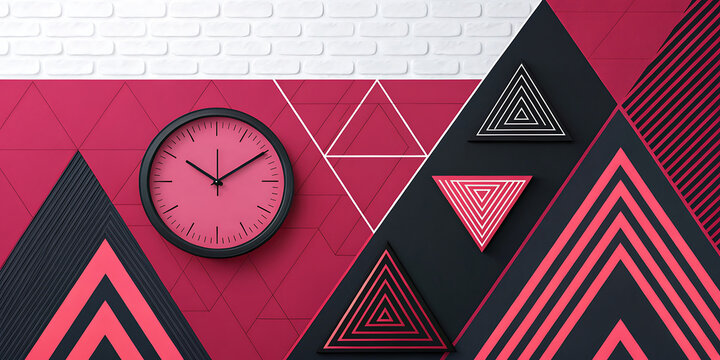 Modern clock on geometric wall with red and black triangles