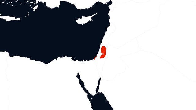 Flat World Map Zooming In and Highlighting Palestine