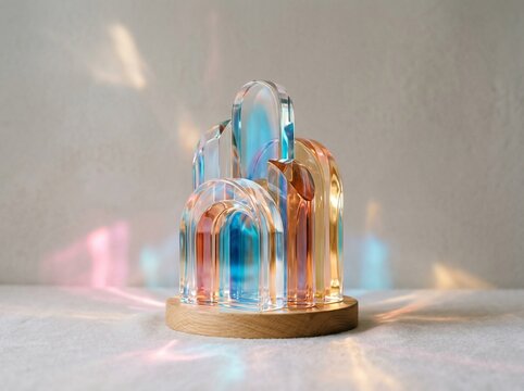 Abstract glass arch sculpture with colorful light refraction