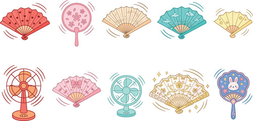 Cute Kawaii Handheld and Electric Cooling Fan Vector Set with Traditional Japanese Folding Fans, Beautiful Sakura Ornaments, and Sweet Cartoon Animal Characters for Summer Patterns © SM