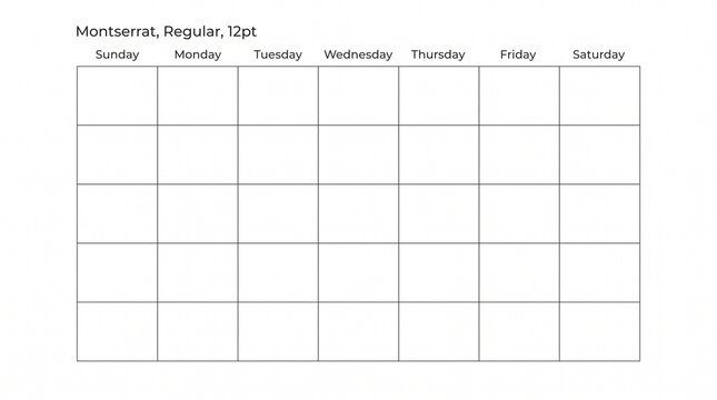 Minimalist blank monthly calendar grid, clean white planner template with black lines, professional organizer layout for scheduling and time management