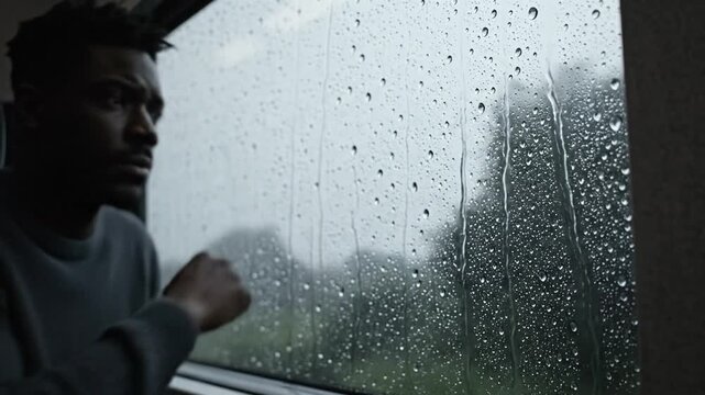 A pensive man sits by a train window on a rainy day, lost in thought as he watches the blurred landscape go by. Raindrops streak the glass, creating a melancholy and cinematic atmosphere.