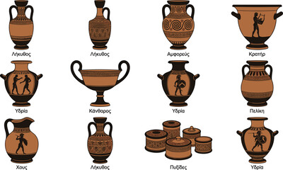 Ancient Greek Pottery Vector Icon Set Featuring Traditional Ceramic Vases, Amphora, Hydria, Lekythos, and Krater with Classical Illustrations for History and Education Designs © rihan