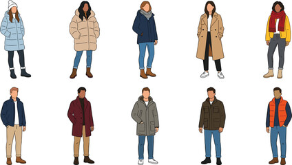 Winter Fashion Vector Illustration Set Featuring People Wearing Warm Outerwear Coats, Puffer Jackets, Trench Coats, Scarves, and Boots for Cold Weather Seasonal Clothing Graphics © riham