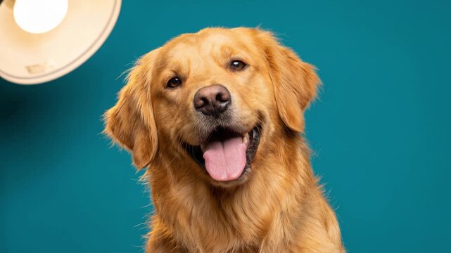 Happy golden retriever dog portrait in photo studio. Smiling purebred pet with tongue out on turquoise background. Cute domestic animal and pet photography concept