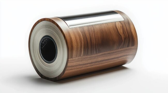 wood-grain vinyl roll with metallic core and glossy strip on white background, sleek minimalist studio product shot with soft shadow