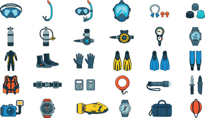 Scuba Diving and Snorkeling Equipment Vector Icon Set Featuring Underwater Masks, Oxygen Tanks, Fins, Wetsuits, and Navigation Tools for Marine Adventure Designs © SM