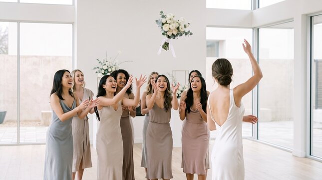 Women gather to catch bouquet during wedding celebration inside a bright venue