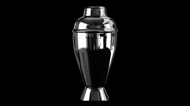 Cocktail shaker with a detachable cap stands upright on a dark surface, serving as a functional tool for mixologists crafting sophisticated alcoholic beverages in a professional lounge setting.