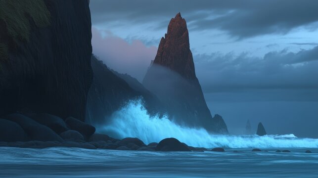 Ocean waves crash against rugged cliffs under a moody, overcast sky at dusk