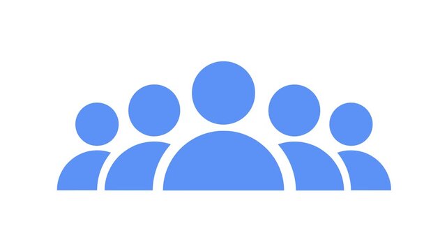 A group of five blue people icons in motion on a white background.